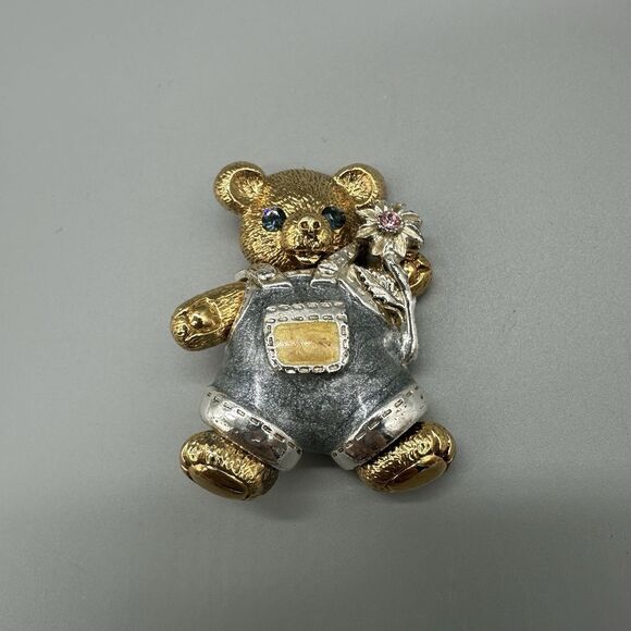 Vintage Edgar Berebi Brooch Bear Rhinestones Enamel Replaceable Outfit NotSigned - Picture 1 of 6